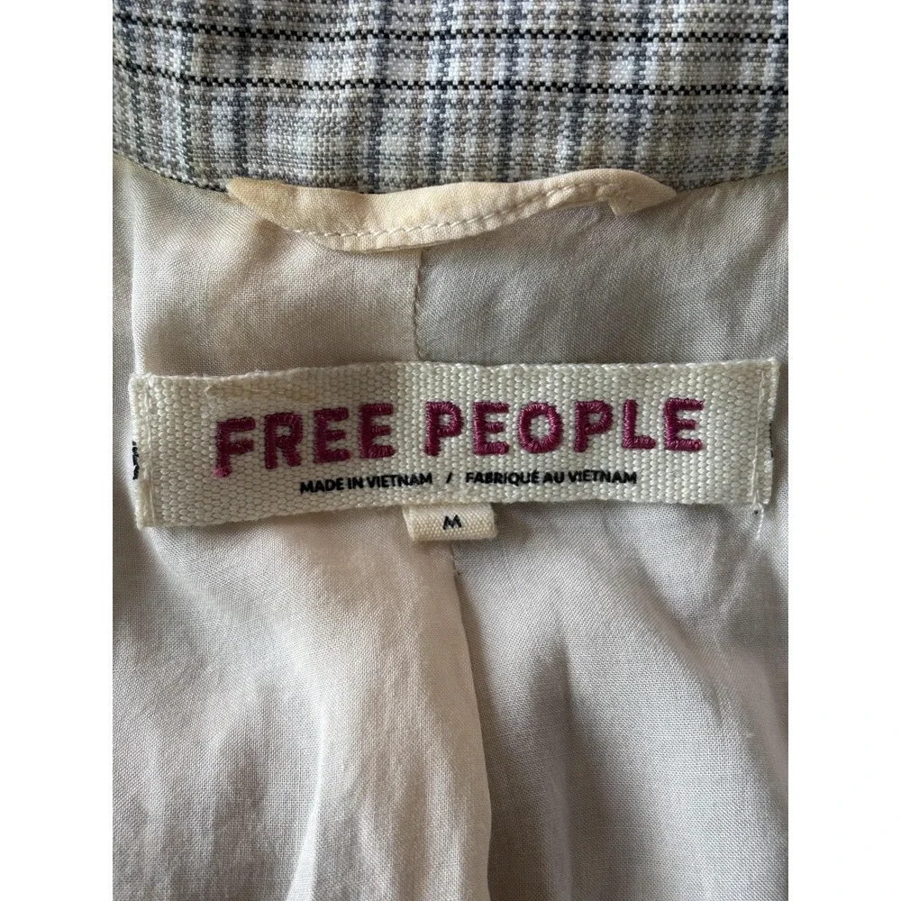Free People Blazer Womens Medium Gray Plaid Double Breasted Relaxed‎ Longline
